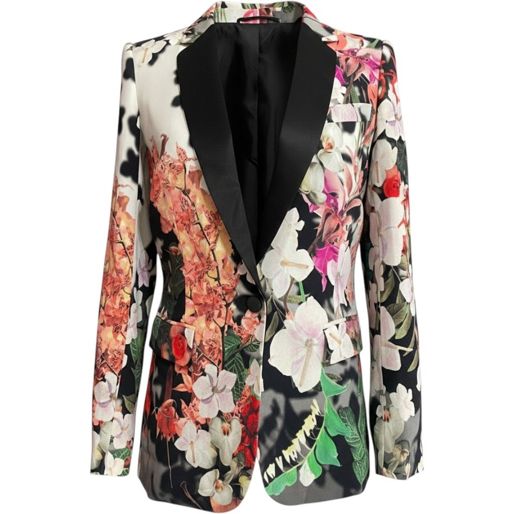NWT Roberto Cavalli Womens Botanical Floral Print Silk Trim Blazer Jacket US4